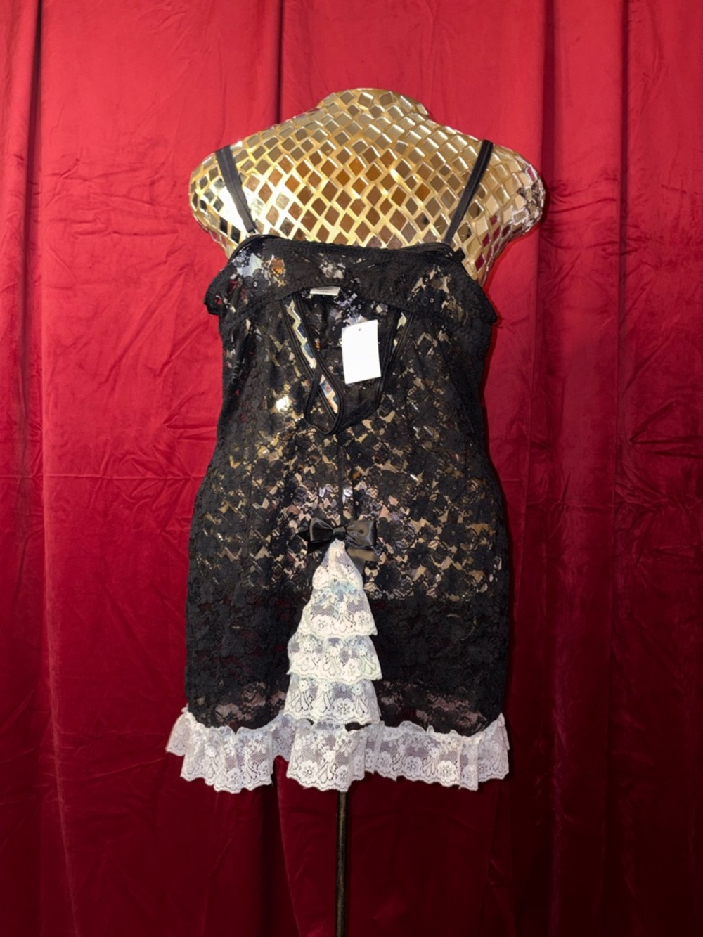 2 PIECE SET Linea Donatella Black Lace Chemise with White Trim - Picture 2 of 3